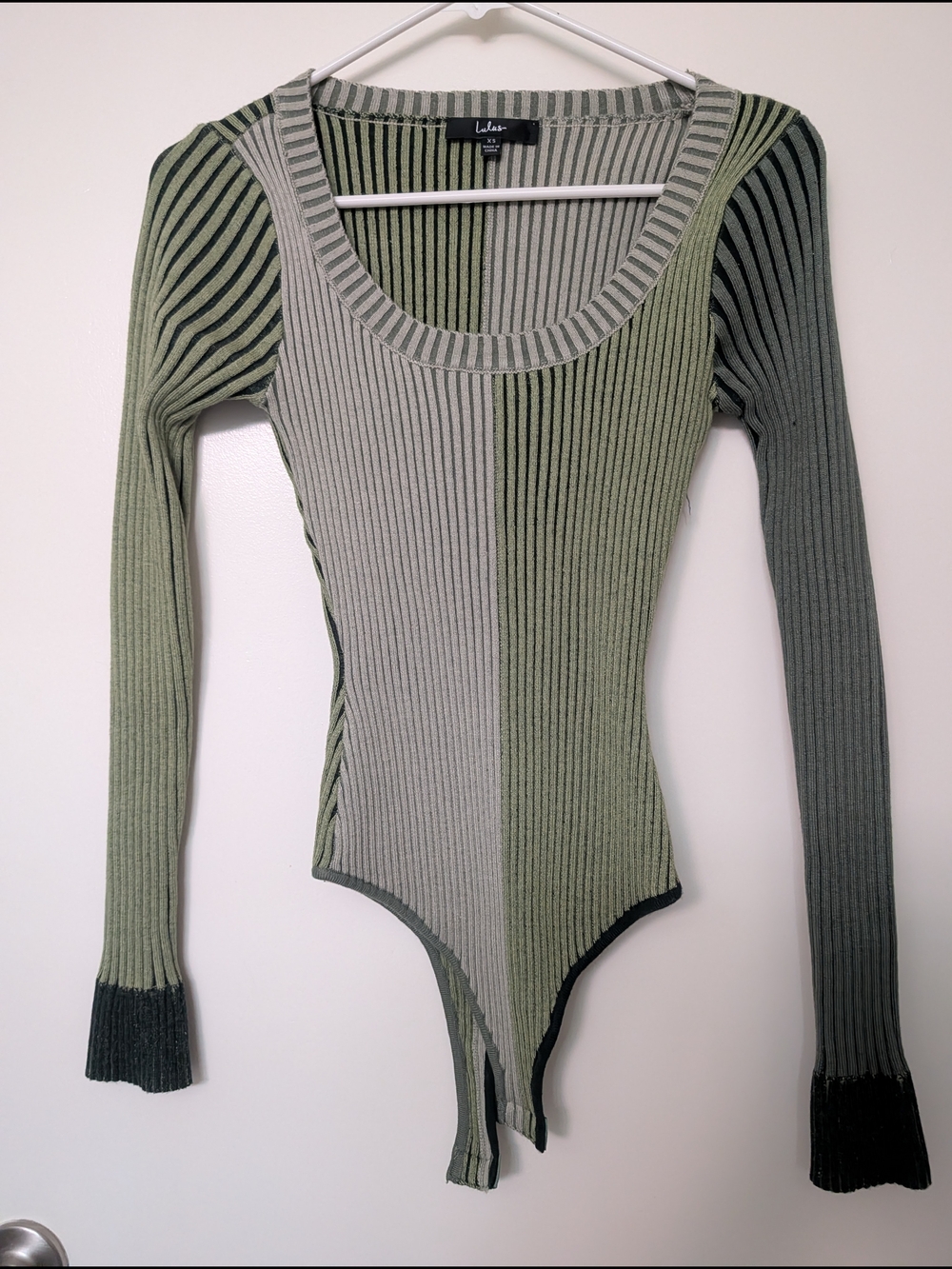 Lulu's Two-Tone Olive & Sage Ribbed Long-Sleeve Bodysuit Sz XS NWOT